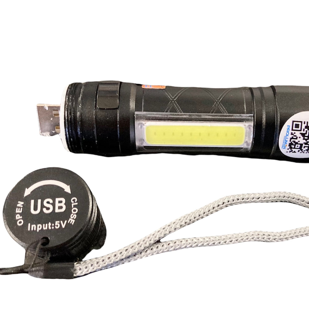 Lanterna LED Recarregável USB COB Lateral foco 300m